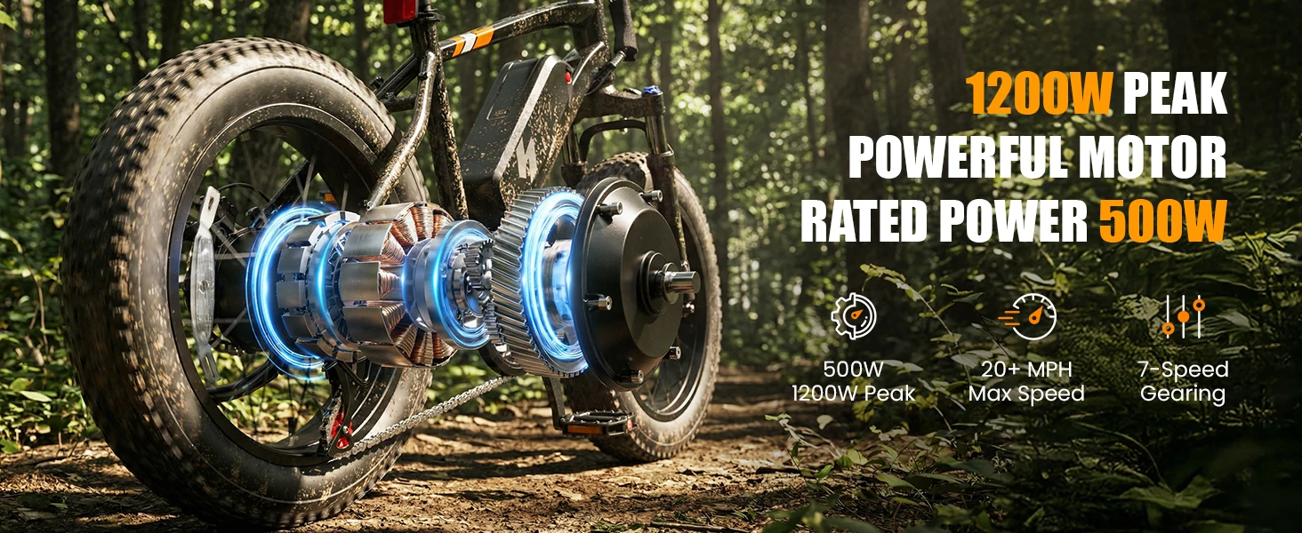Hopepeak F10 Fat Tire Electric Bike for Adults, 20"×4.0" Fat Tire Electric Mountain Bike, Peak 1200W 48V 10.4Ah,  28MPH 55 Miles  Electric Bicycle, 7-Speed