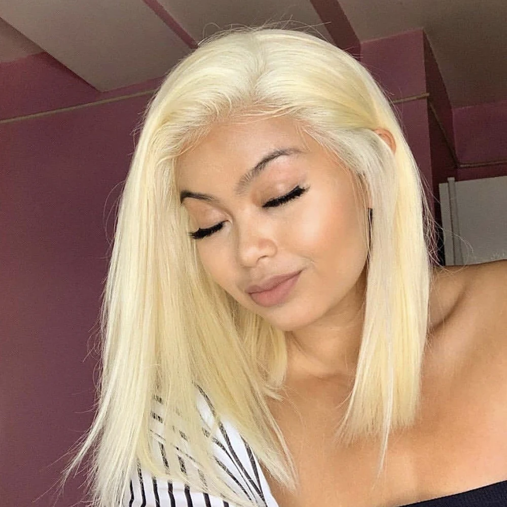 Human Hair Lace Front Wig 613 Honey Blonde Straight Bob 13x6 Lace Frontal Pre Plucked With Baby Hair 200 Density Glueless Wigs