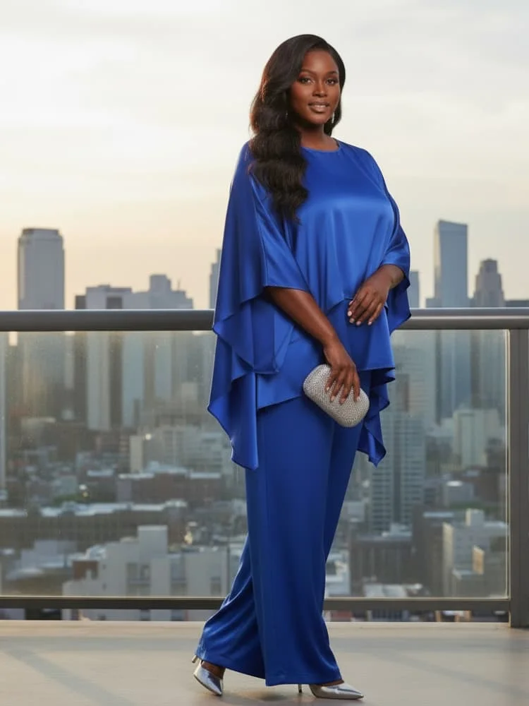 Plus Size Round Neck Cape Sleeve Top + Wide Leg Pants Suit For Women Formal Banquet Evening Party Two Piece Matching Outfit