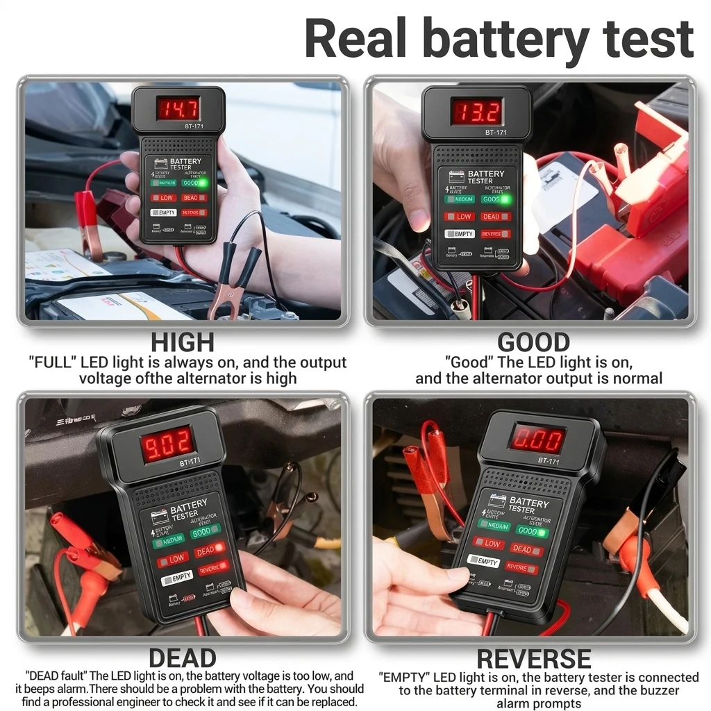 12V Car Battery Tester LED Display Voltage Detector with Reverse Alarm Overvoltage Protection