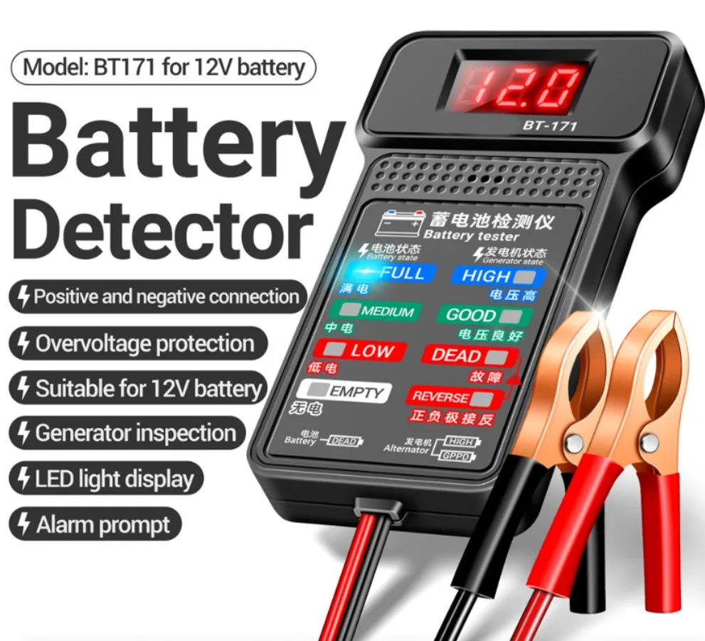 12V Car Battery Tester LED Display Voltage Detector with Reverse Alarm Overvoltage Protection