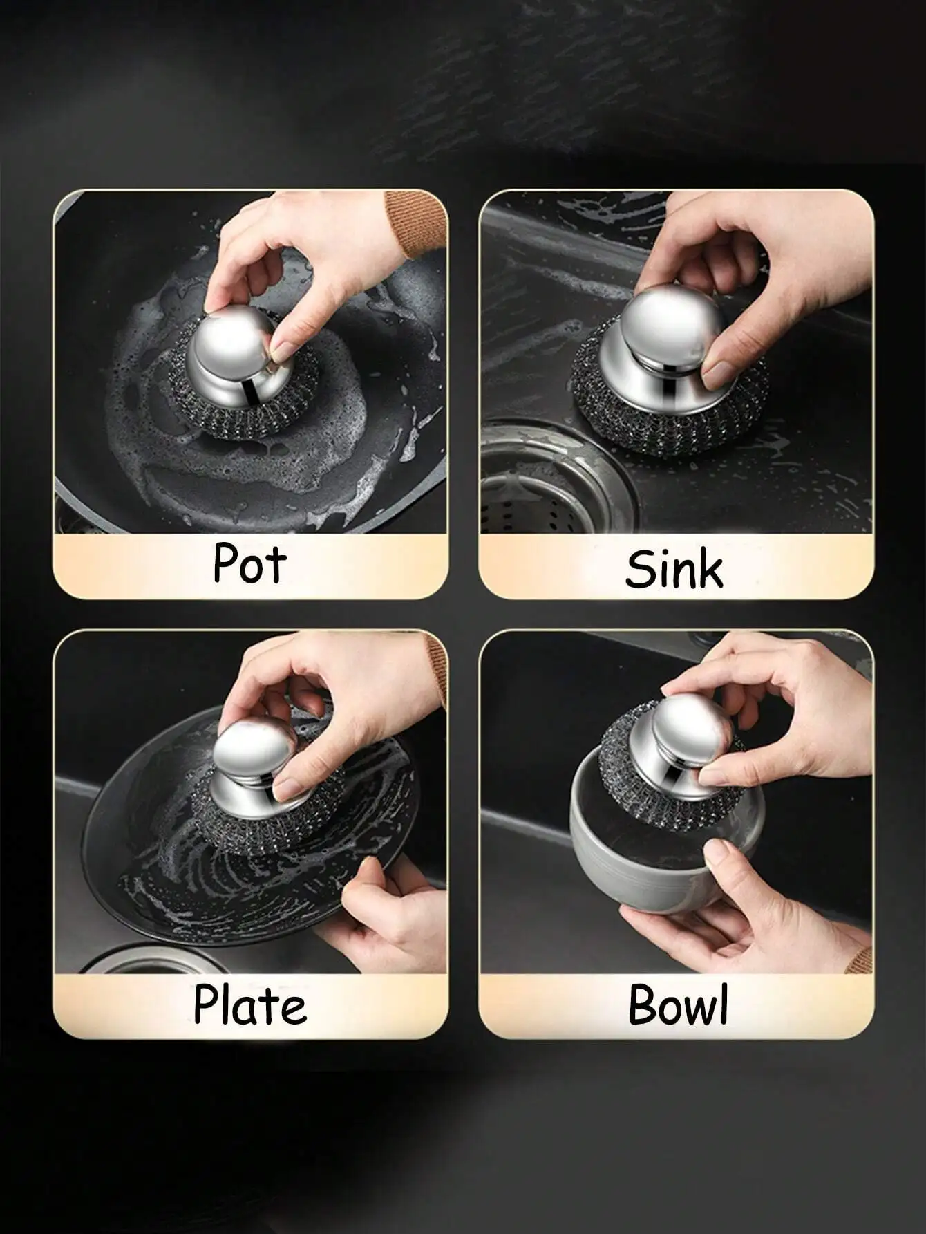 1/2 Pcs Stainless Steel Pot Brush With Handle, Heavy Duty Dish Scrubber Scouring Pad, Steel Wool Cleaning Brush, Suitable For Pots, Pans, Grill, Sink