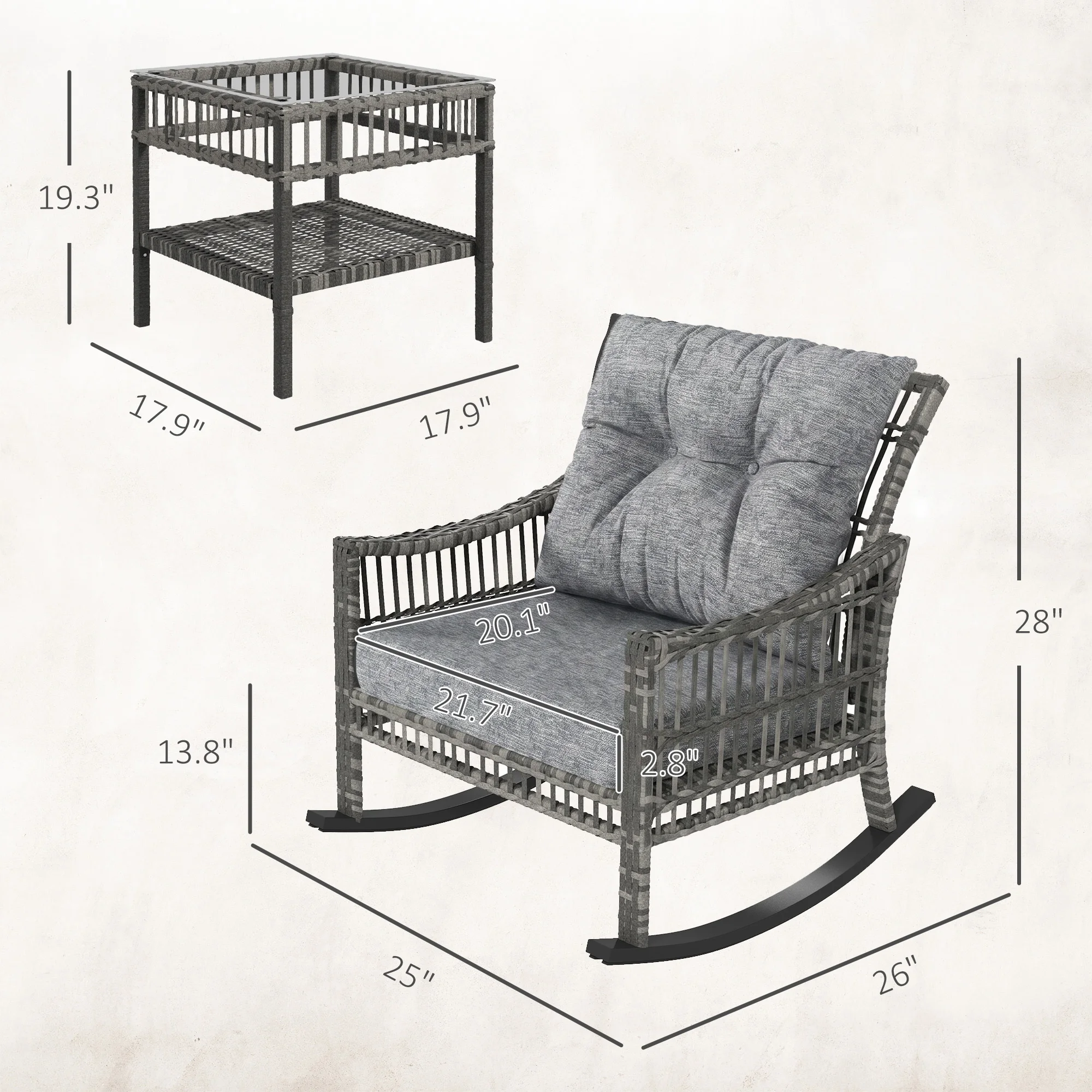 3 Pieces Pe Rattan Rocking Chair Set for Outdoor, Grey