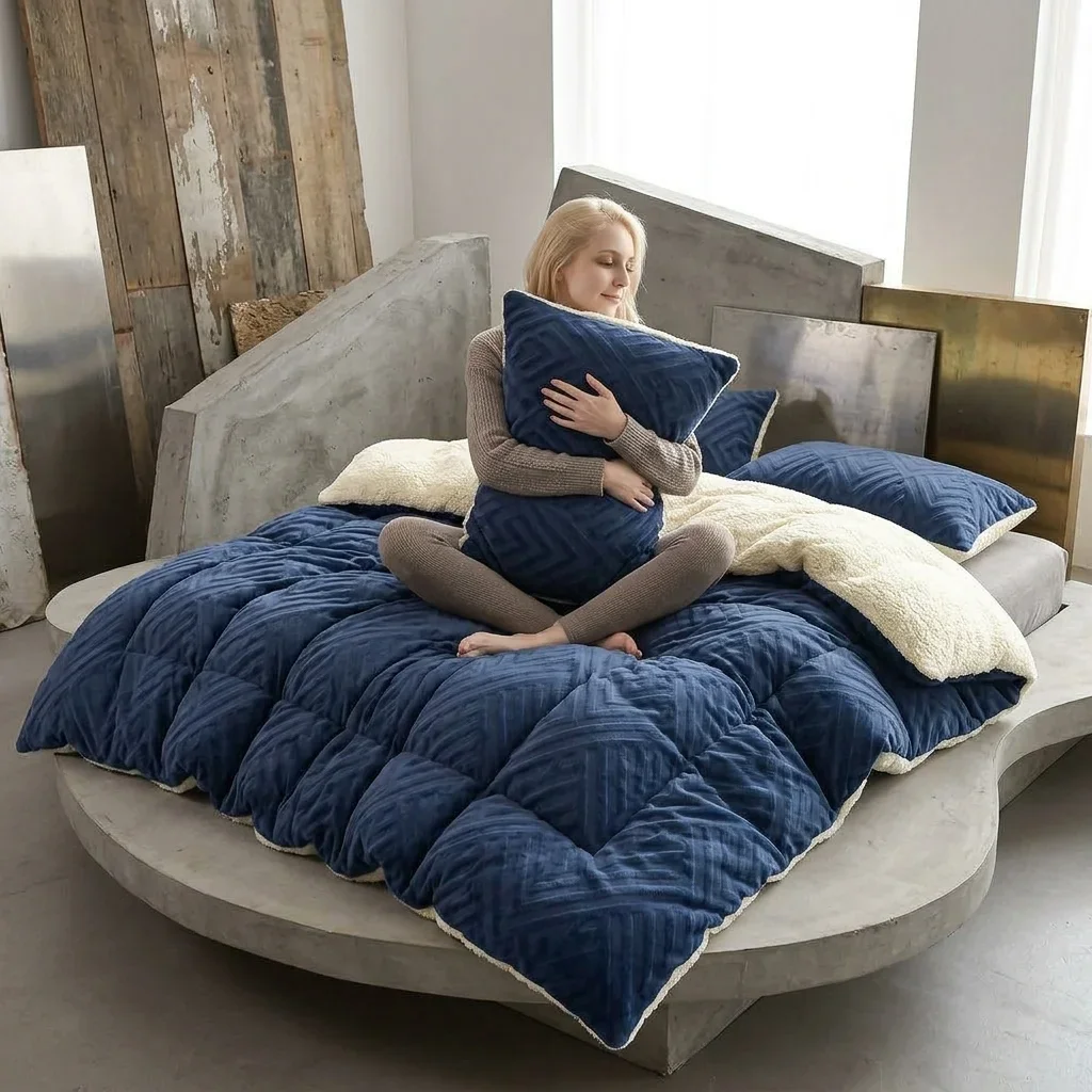 Cut Pile Velvet Thick Quilt Geometric Stripe Pattern Machine Washable in 5 Sizes Single to King.