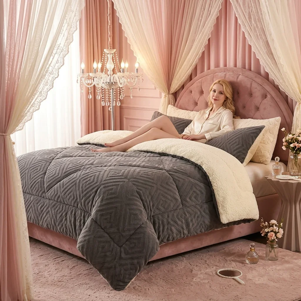 Cut Pile Velvet Thick Quilt Geometric Stripe Pattern Machine Washable in 5 Sizes Single to King.