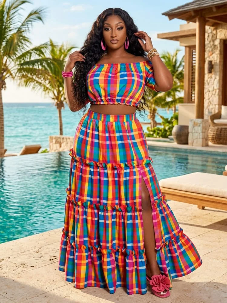 Plus Size Off Shoulder Short Crop Top + Tiered Maxi Skirt Suit For Women Daily Vacation Street Casual Matching Outfit