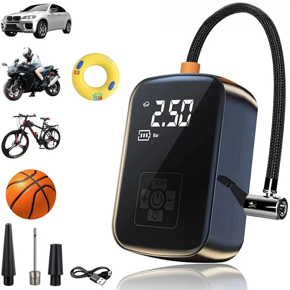 Electric Tire Inflator Portable Air Compressor Pump Digital LCD Display Wireless Cordless Car Tire Pump for Motorcycle Bicycle Boat Ball Inflatable Home Garage Road Trip Travel Emergency Tool Kit for Car Repair