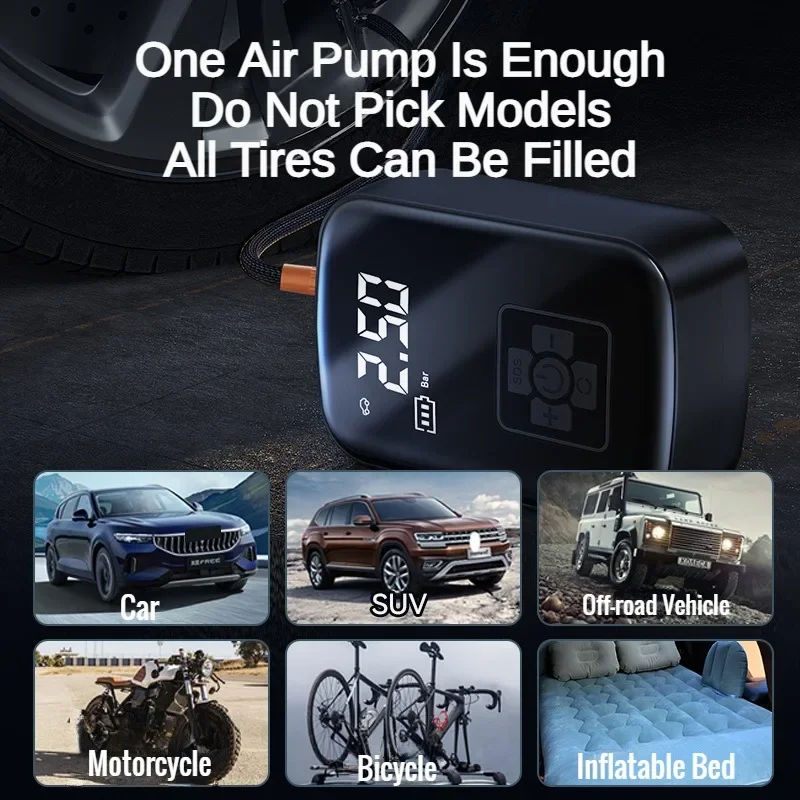 Electric Tire Inflator Portable Air Compressor Pump Digital LCD Display Wireless Cordless Car Tire Pump for Motorcycle Bicycle Boat Ball Inflatable Home Garage Road Trip Travel Emergency Tool Kit for Car Repair