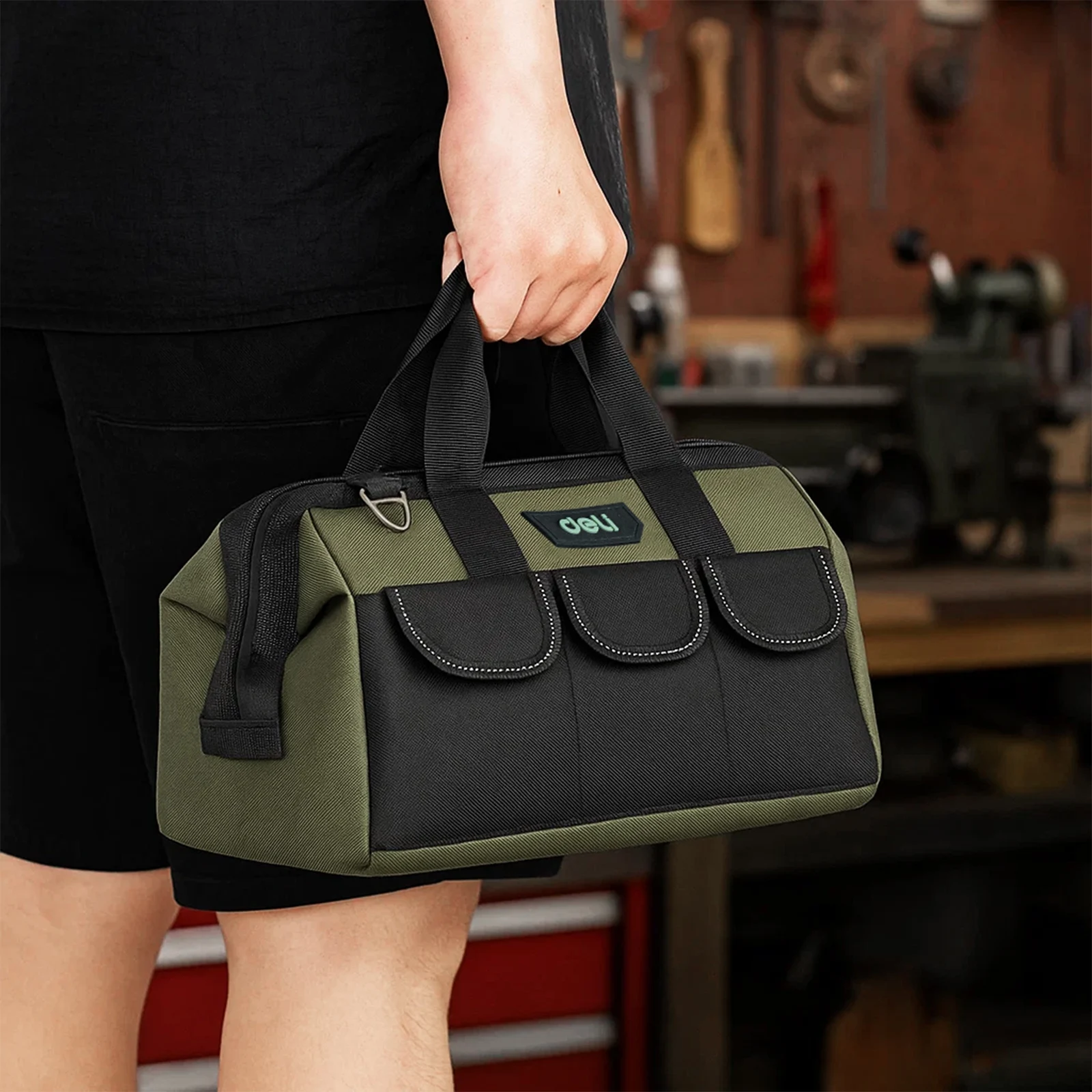 Deli 13 Inch Tool Bag Oxford Cloth Waterproof Double Sided Pockets with Shoulder Strap for Mechanics HVAC Engineers