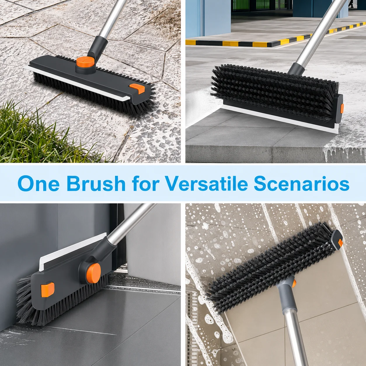 Floor Scrub Brush with Squeegee, Long Handle Tile Scrub Brush, Bathroom Floor Cleaning Brush, Grout Corner Cleaner Tool with Tweezer