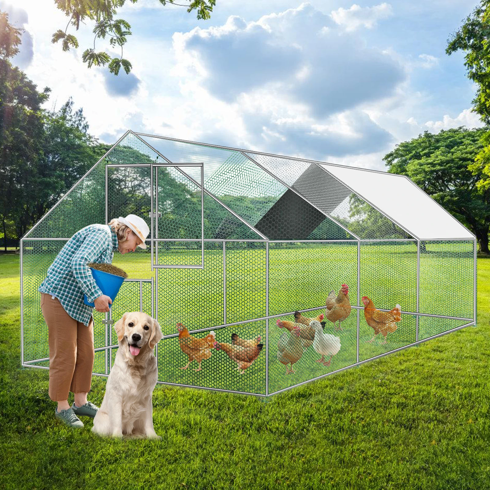 Heavy-Duty Large Metal Chicken Coop Run 6M X 3M 20ft X 10ft Sturdy Metal Frame Outdoor Backyard Garden Farm Poultry Pen for Hens Ducks Rabbits