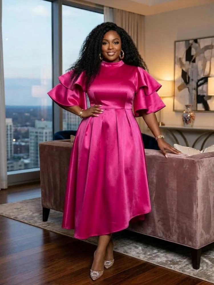 Plus Size High Neck Layered Ruffle Sleeve Pleated Midi Dress For Women Evening Banquet Formal Swing Long Dress
