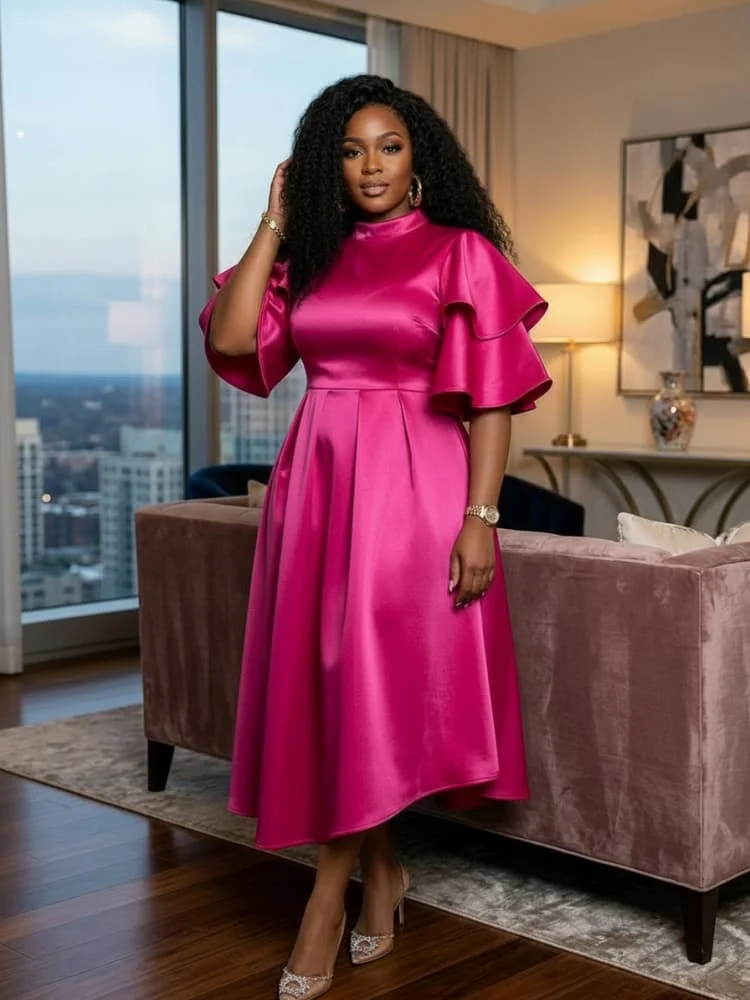 Plus Size High Neck Layered Ruffle Sleeve Pleated Midi Dress For Women Evening Banquet Formal Swing Long Dress