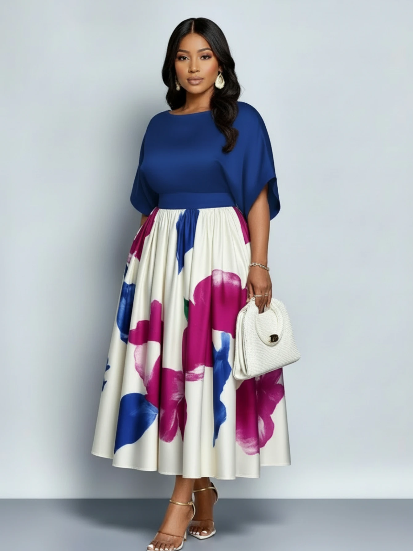 Women Plus Size Batwing Sleeve Floral Print Midi Dress Elegant Pleated Swing Dress For Evening Party Formal Occasion Slim Fit