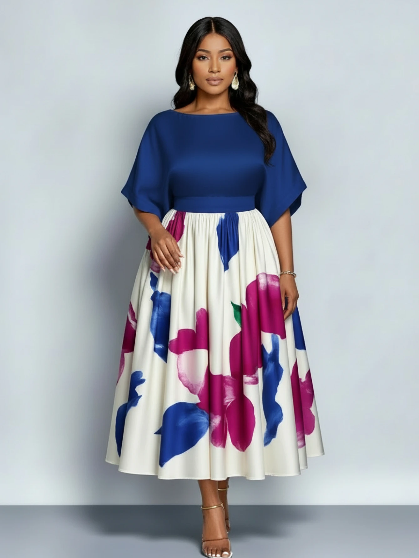 Women Plus Size Batwing Sleeve Floral Print Midi Dress Elegant Pleated Swing Dress For Evening Party Formal Occasion Slim Fit
