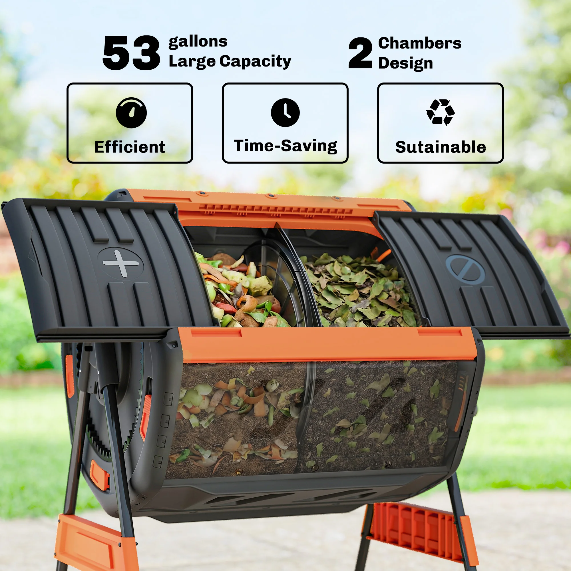 Compost Bin Outdoor, 53 Gal Dual Chamber Tumbling Compost, Orange