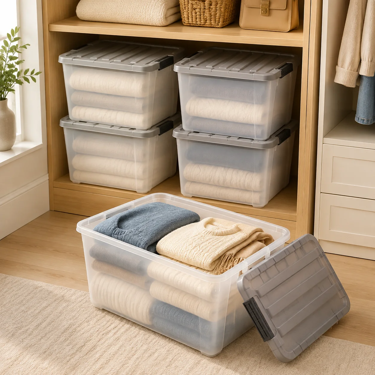 40 Qt Plastic Storage Bins with Lids 5‑Pack Stackable Storage Tote Containers Household Organizer for Garage Basement Closet Bedroom Toys Sundries Storage