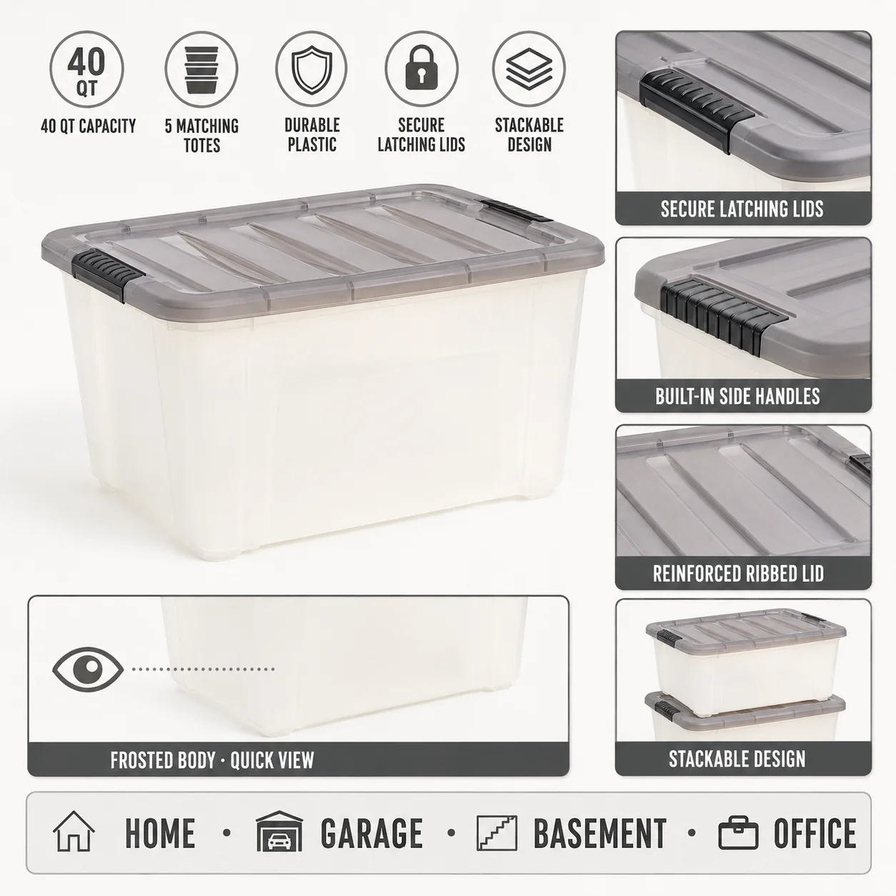 40 Qt Plastic Storage Bins with Lids 5‑Pack Stackable Storage Tote Containers Household Organizer for Garage Basement Closet Bedroom Toys Sundries Storage