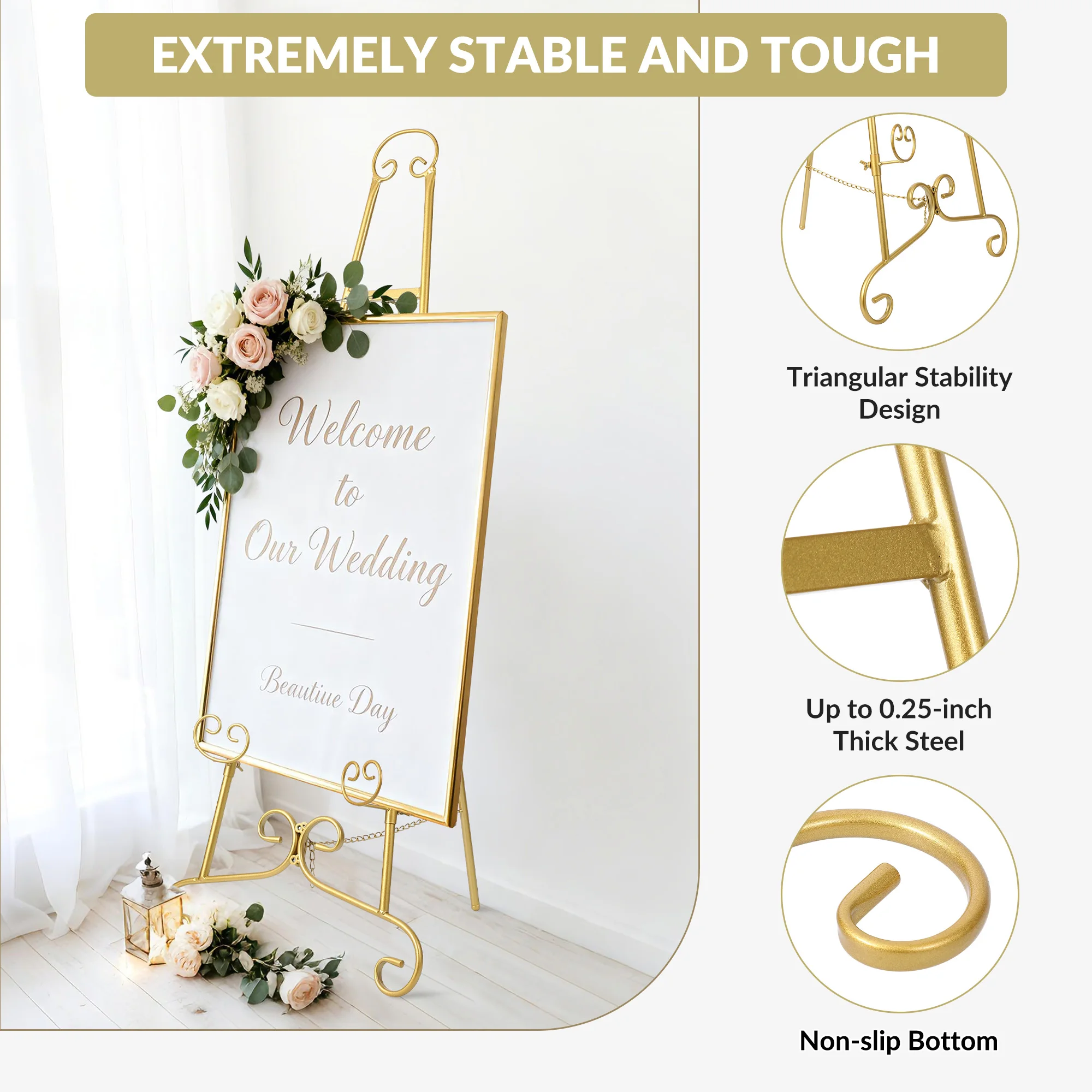 Heavy Duty Adjustable Sign Holder Stand, 3-Level Height & Angle Metal Easel for Wedding Welcome Sign, Photo Frame Display with Non-Slip Base for Indoor/Outdoor Events, Art Exhibition, Cafe Promotion