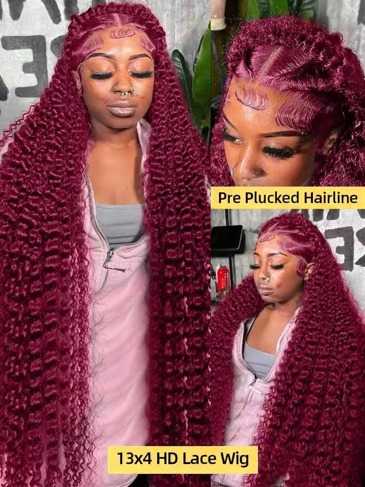 TIMOPOL 180% Density Jerry Curly Human Hair Wig, Women’s 13x4 HD Transparent Lace Frontal, Small Knots Design, Burgundy Tone Available in 99J & 4 #