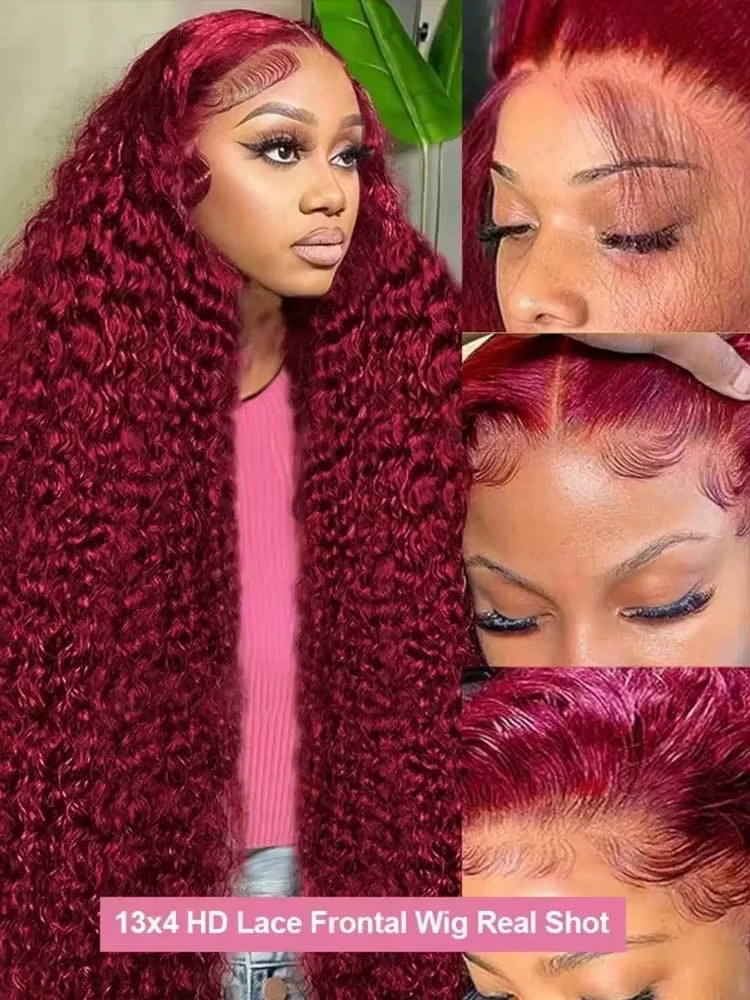TIMOPOL 180% Density Jerry Curly Human Hair Wig, Women’s 13x4 HD Transparent Lace Frontal, Small Knots Design, Burgundy Tone Available in 99J & 4 #