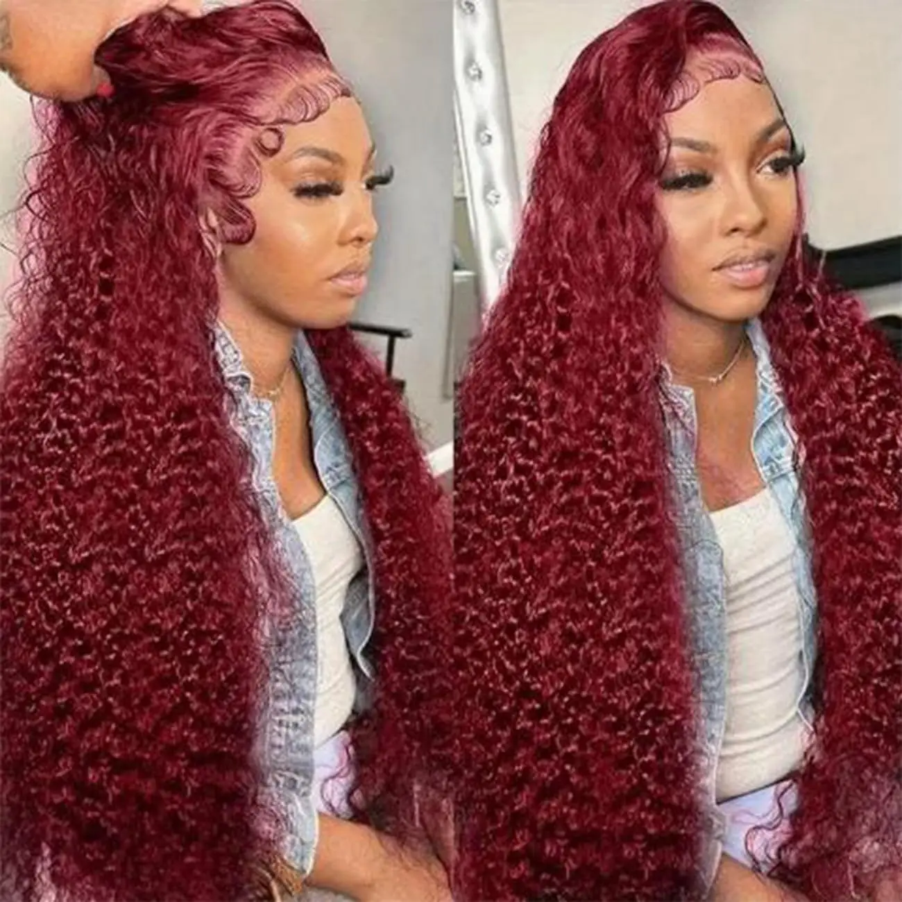 TIMOPOL 180% Density Jerry Curly Human Hair Wig, Women’s 13x4 HD Transparent Lace Frontal, Small Knots Design, Burgundy Tone Available in 99J & 4 #