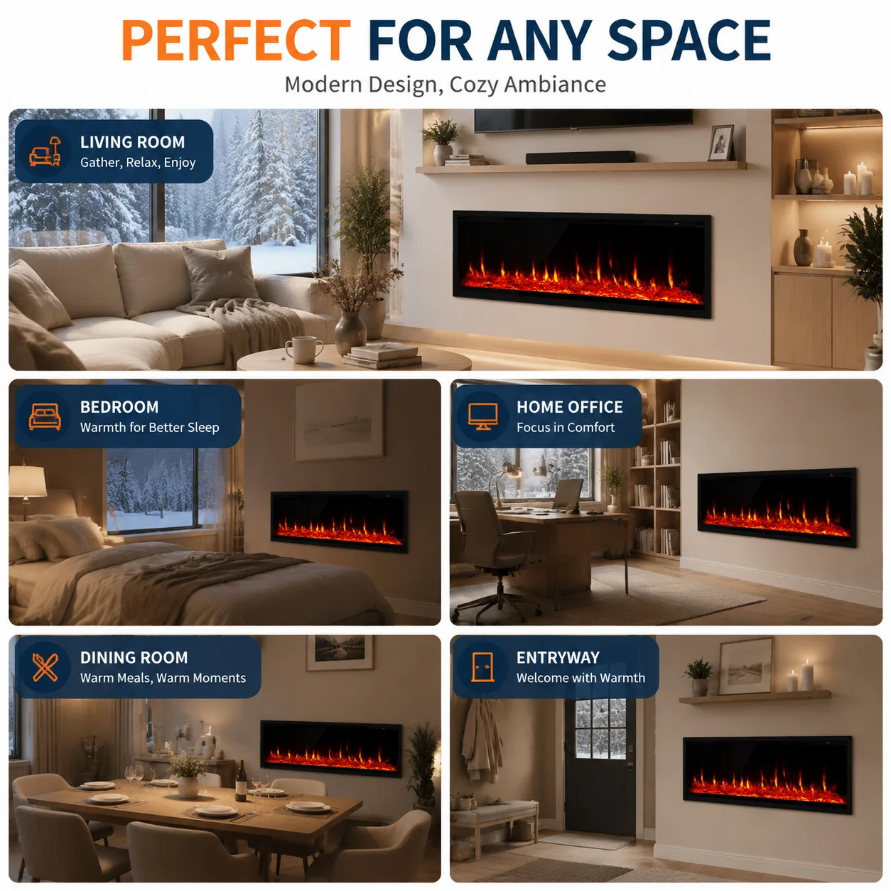 60 Inch Electric Fireplace Recessed Wall Mounted Linear Fireplace Heater with Log Crystal Inserts 12 Flame Colors Adjustable Speed Brightness 750 1500W Heats 400 Sq Ft Remote Control Touch Screen Built in Timer Low Noise for Living Room Bedroom