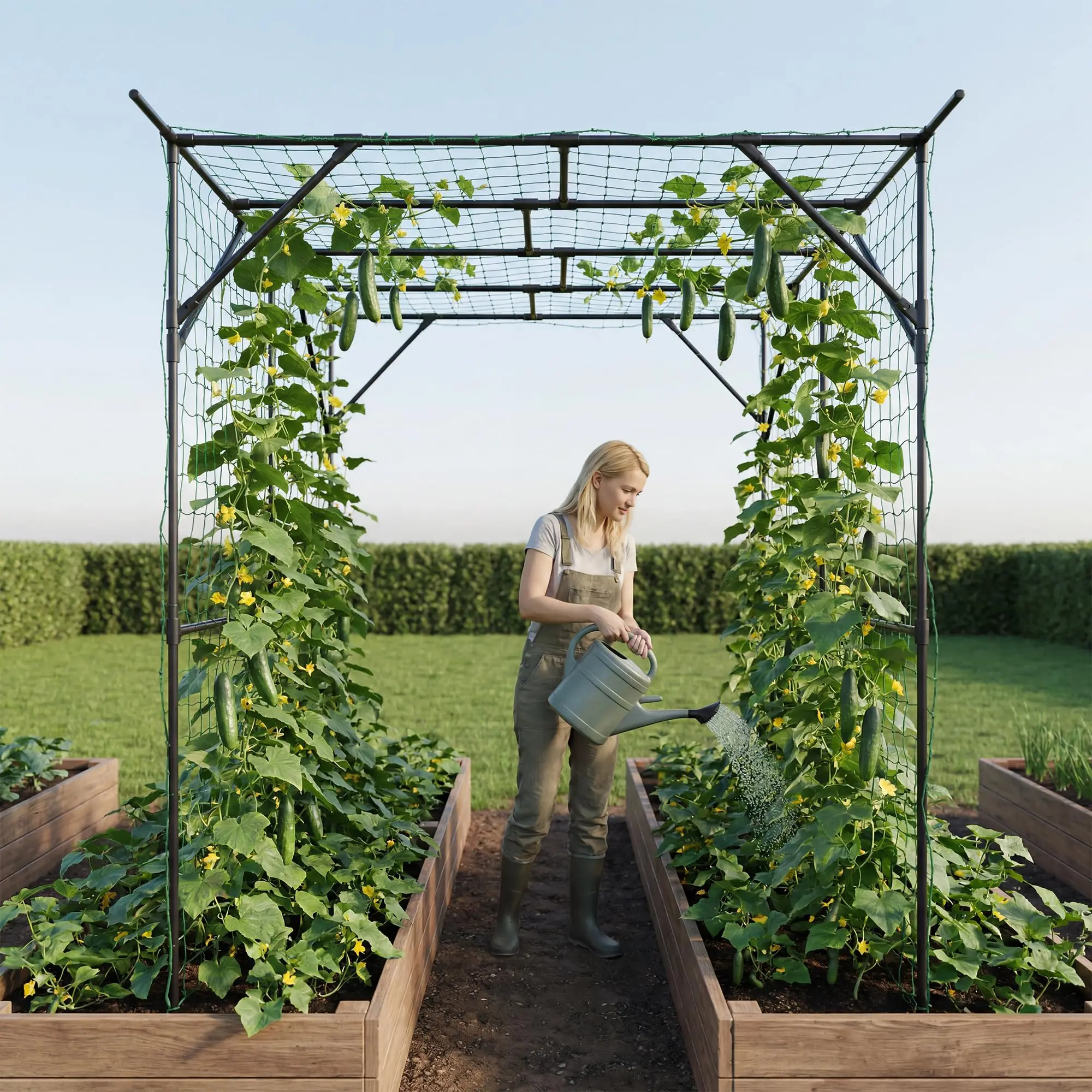 78in Metal Garden Arch Trellis With Netting For Climbing Plants, Outdoor Cucumber Tunnel Arbor For Raised Bed Backyard Walkway