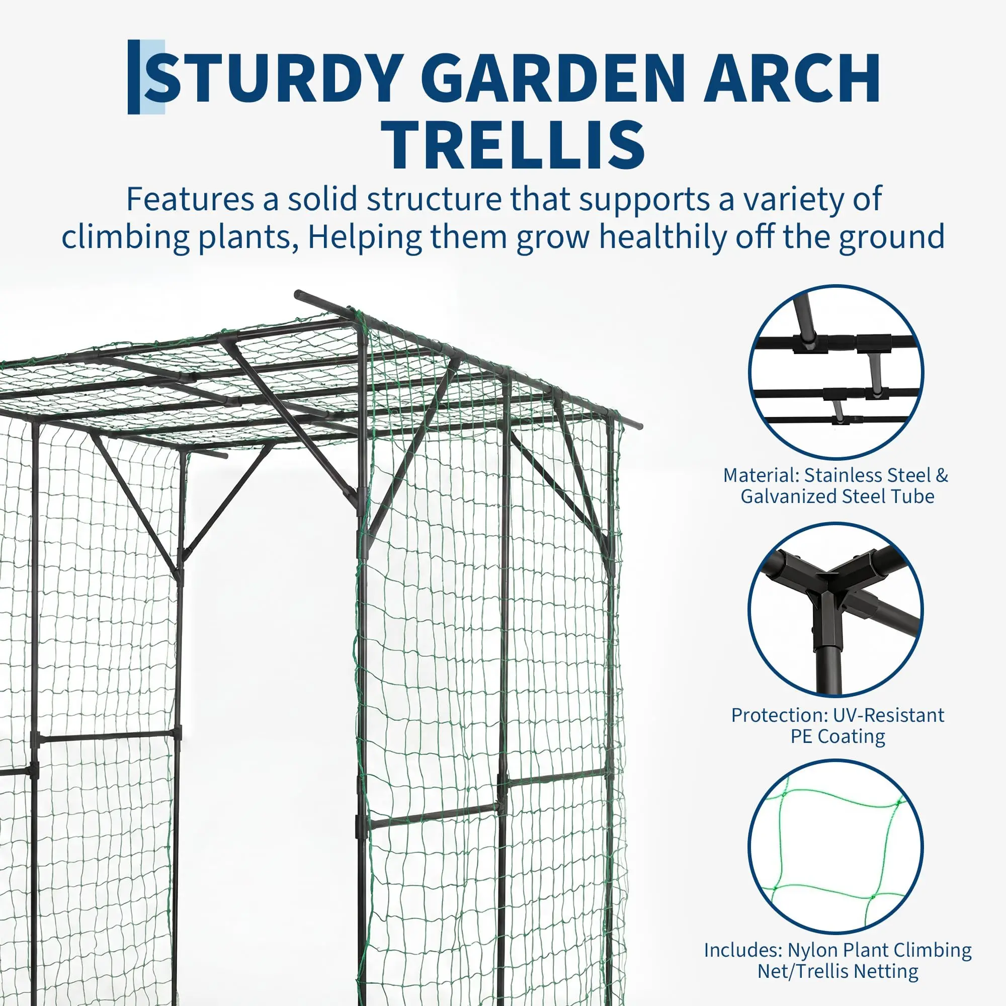 78in Metal Garden Arch Trellis With Netting For Climbing Plants, Outdoor Cucumber Tunnel Arbor For Raised Bed Backyard Walkway