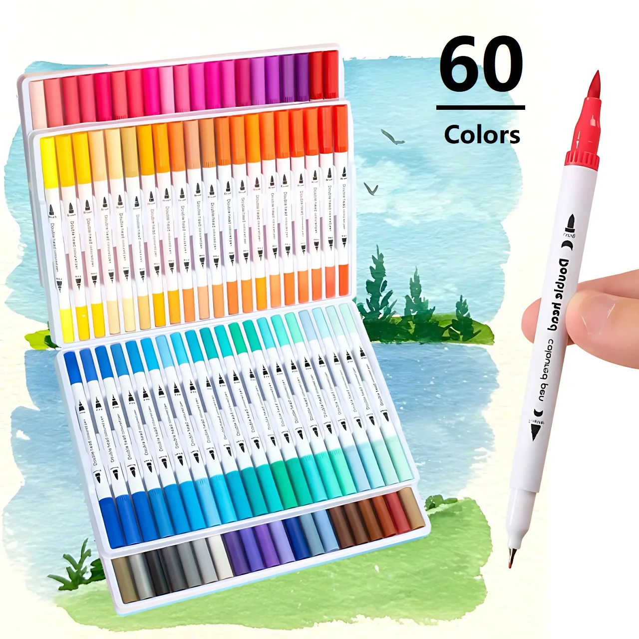 60-Pack Double-Headed Marker Pens – Fine & Brush Tip, Water-Based, Vibrant Colors for Art, Calligraphy, and Holiday Decoration