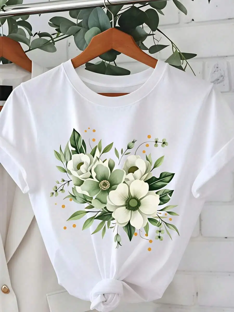 White‑Flower Green‑Leaf Floral Graphic Print Unisex Crew Neck Short‑Sleeve Pure‑Cotton Spring‑Summer Mother's‑Day Casual Everyday Wear Tee