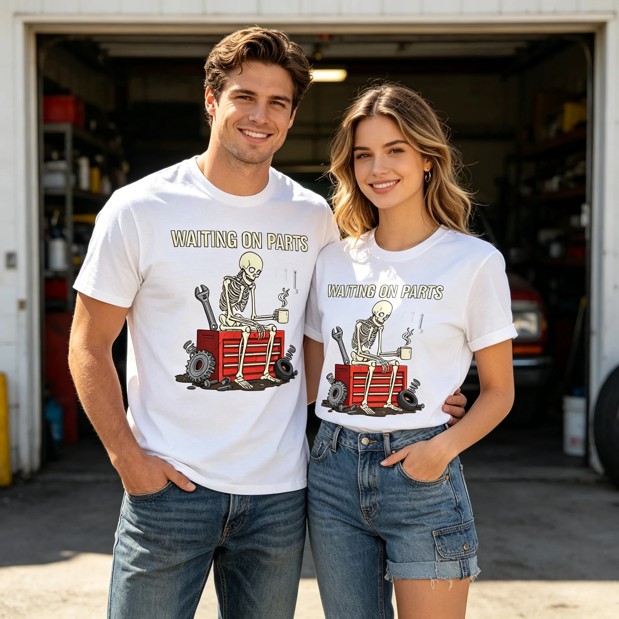 Waiting On Parts Funny Skeleton Mechanic Graphic T‑Shirt, Auto Repair Humor Car Guy Short Sleeve Tee for Men Women