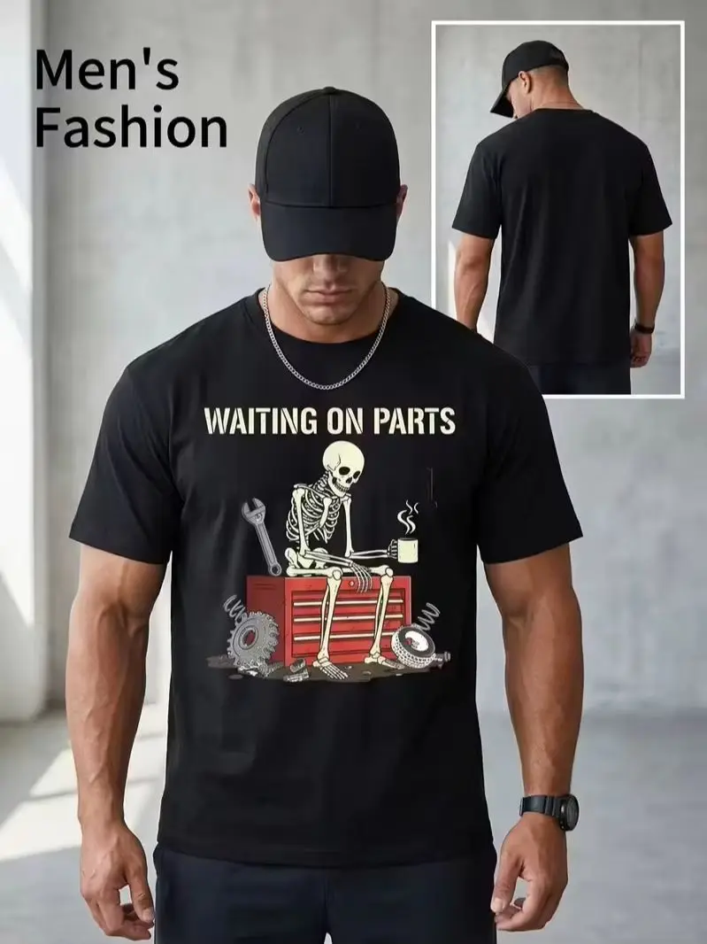 Waiting On Parts Funny Skeleton Mechanic Graphic T‑Shirt, Auto Repair Humor Car Guy Short Sleeve Tee for Men Women