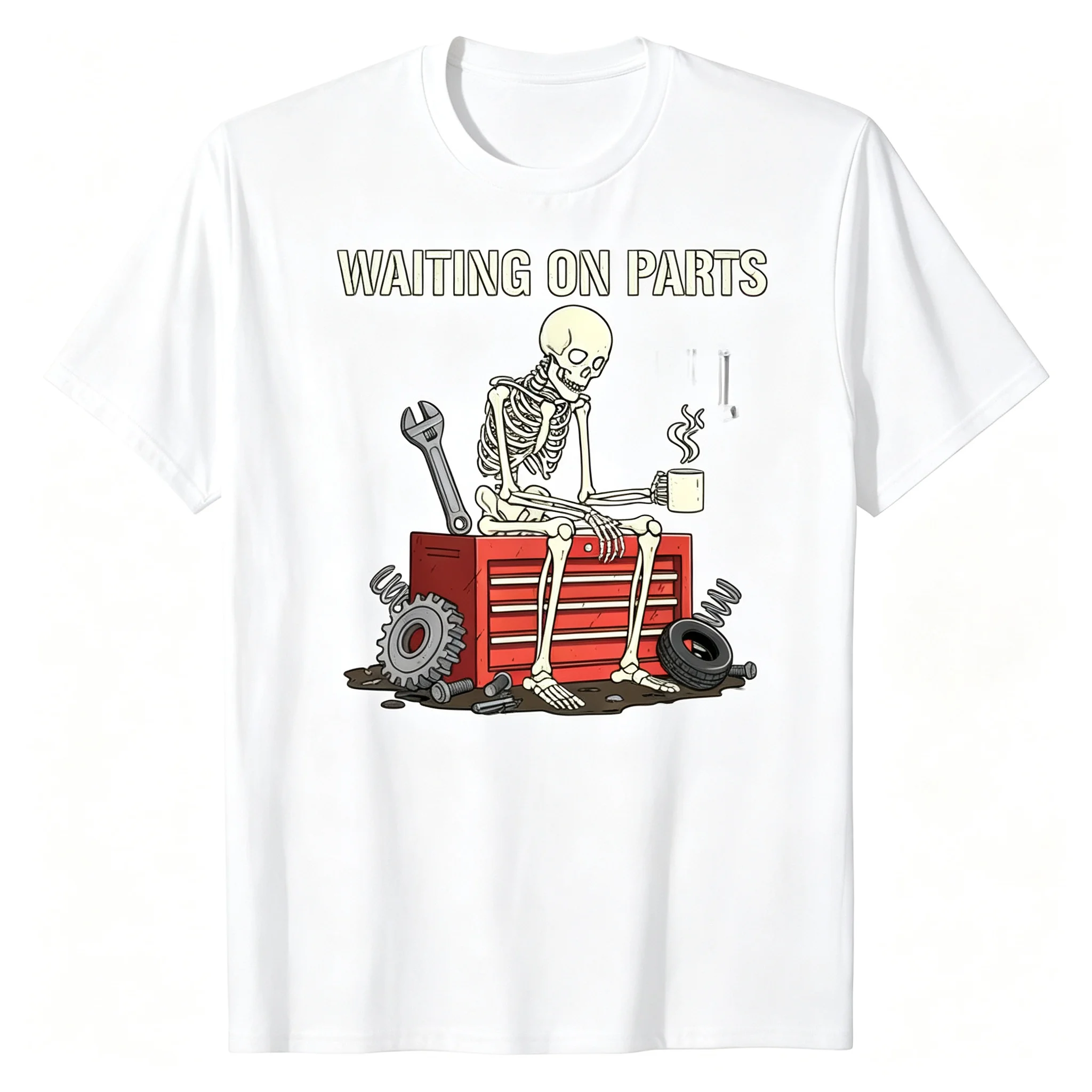Waiting On Parts Funny Skeleton Mechanic Graphic T‑Shirt, Auto Repair Humor Car Guy Short Sleeve Tee for Men Women