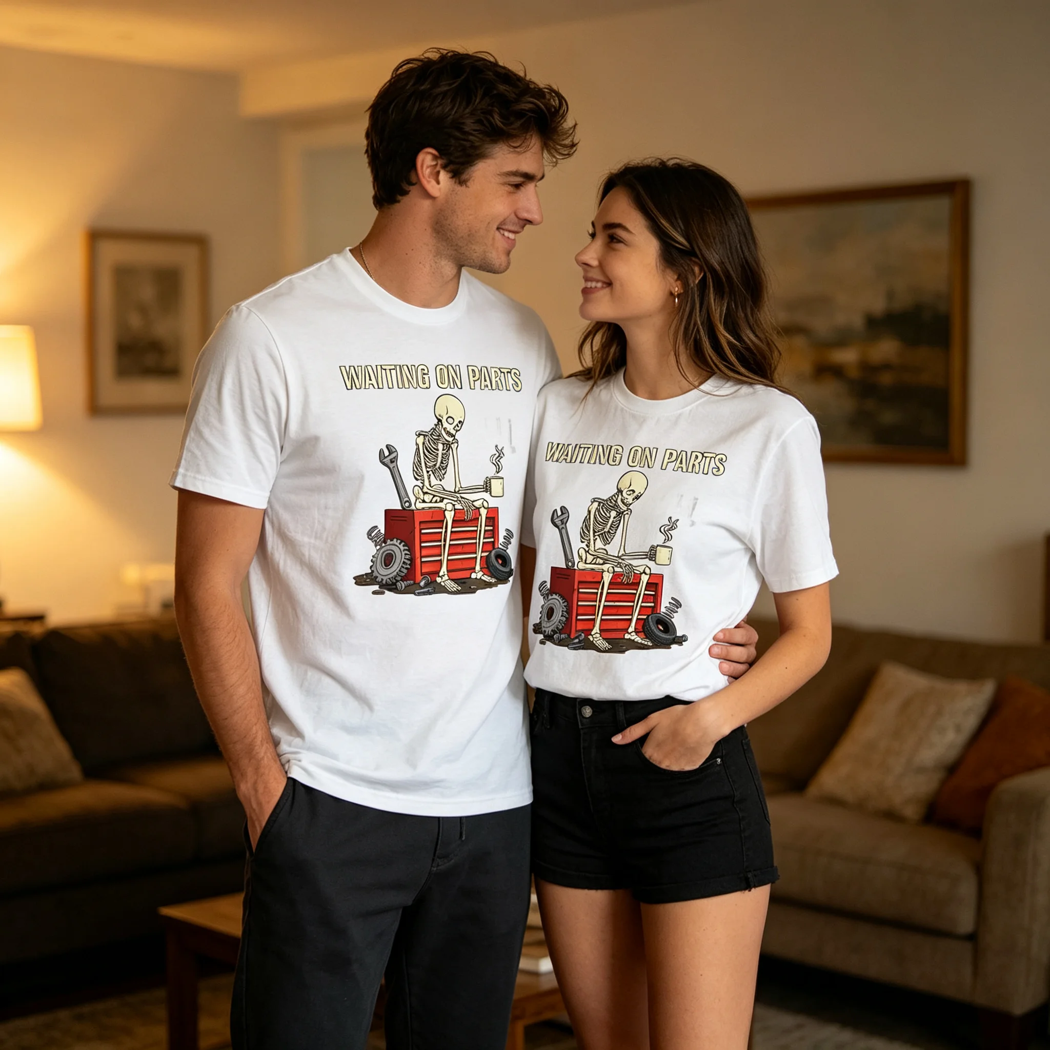 Waiting On Parts Funny Skeleton Mechanic Graphic T‑Shirt, Auto Repair Humor Car Guy Short Sleeve Tee for Men Women