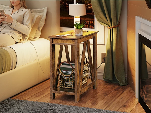 End Tables Living Room Set of 2 with Charging Station, Sofa Side Tables with Open Storage Shelf, Slim Farmhouse End Table Sets, Charcoal Black