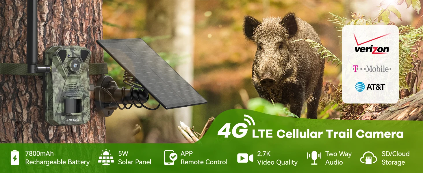 TMEZON 4G LTE Wildlife Camera with Mobile Phone Transfer App, 2.7K Solar Hunting Camera with SIM Card, PIR Motion Sensor, Night Vision NO SD CARD