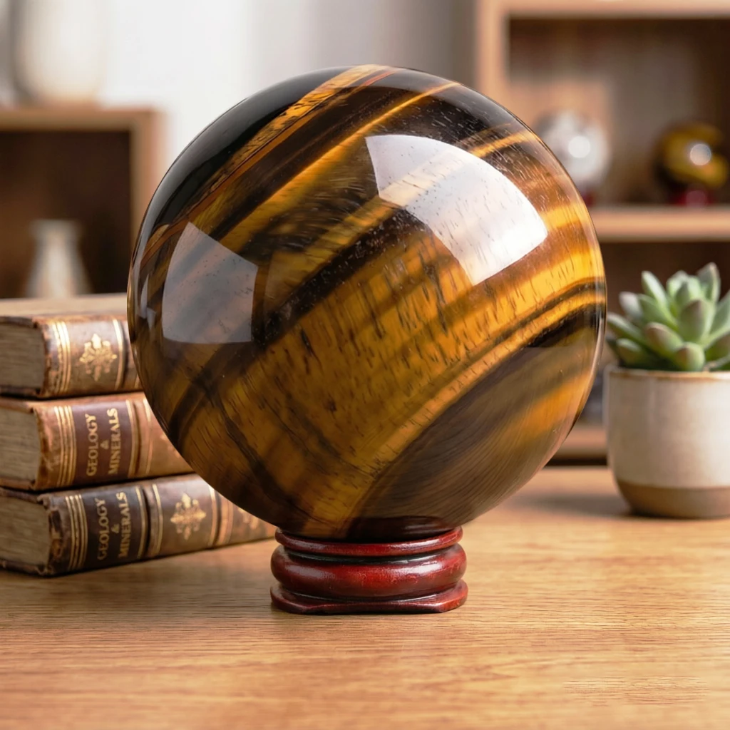 6-7cm Natural Yellow Tiger Eye Crystal Sphere Ball with Wooden Stand Polished Reiki Healing Chakra Stone for Meditation Yoga Feng Shui Home Office Desk Decor Living Room Bookshelf Display Confidence Courage Protection Gift for Women Men Crystal Lover