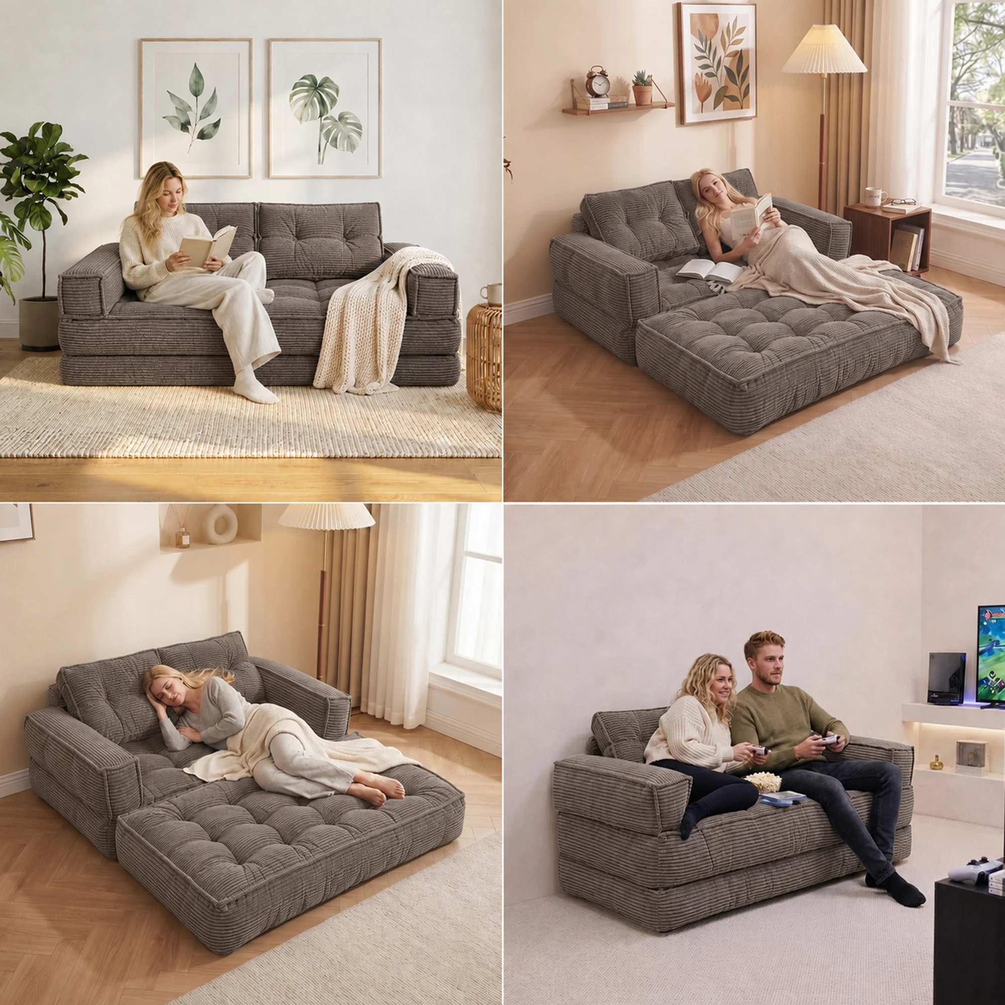 51" Modular Corduroy Floor Couch with Chaise, 2-in-1 Boneless Convertible Sofa Bed, Lazy Double Loveseat with Armrests for Living Room, Apartment & Game Room