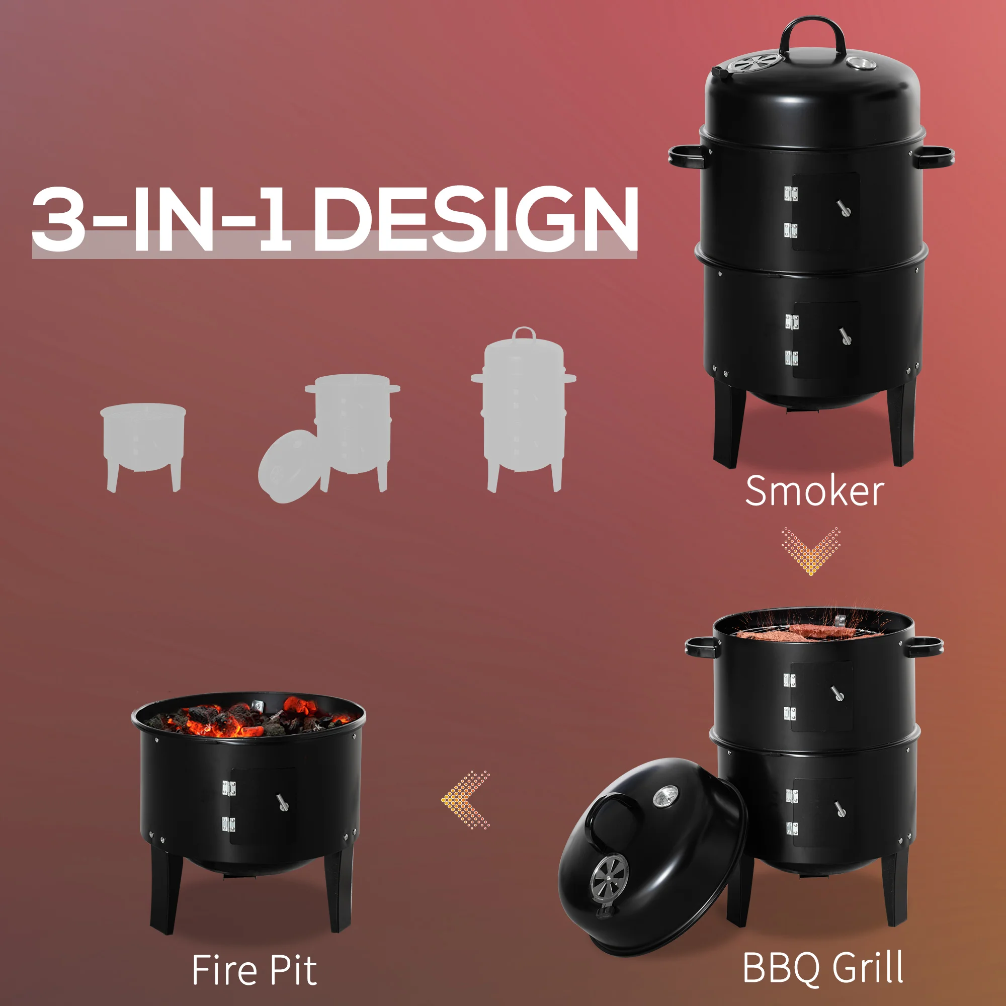 3-in-1 Outdoor Barbecue Charcoal Smoker and Grill with Two Grates and Thermometer