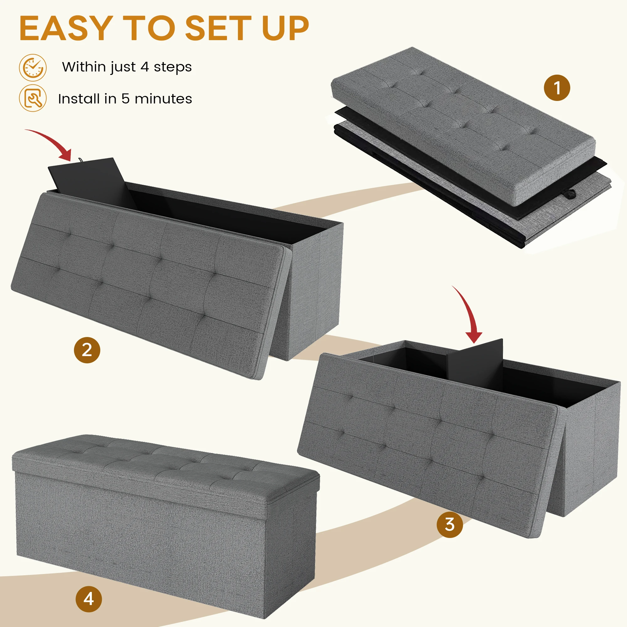 Foldable Storage Ottoman, Storage Organizer for Entryway Bedroom Living Room End of Bed Home Furniture