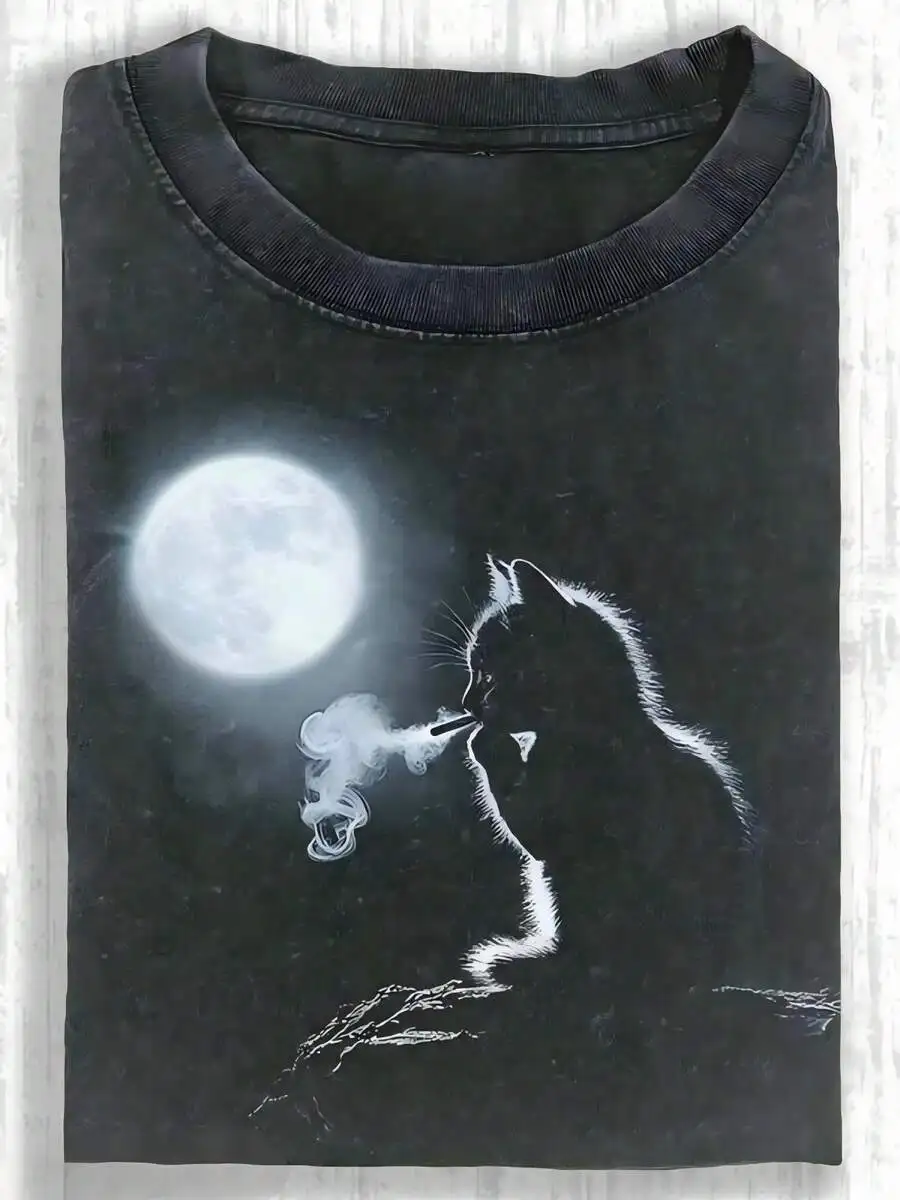 Unisex Washed Smoking‑Loving Cat Wax‑Printed Graphic Print Crew Neck Short Sleeve Retro Vintage High‑Quality Cotton Daily Wear Tee