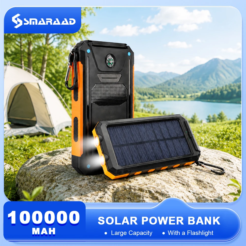Solar Power Bank 100000mAh Portable Charging Poverbank External Battery Charger Strong Light LDE Light for All Smartphones