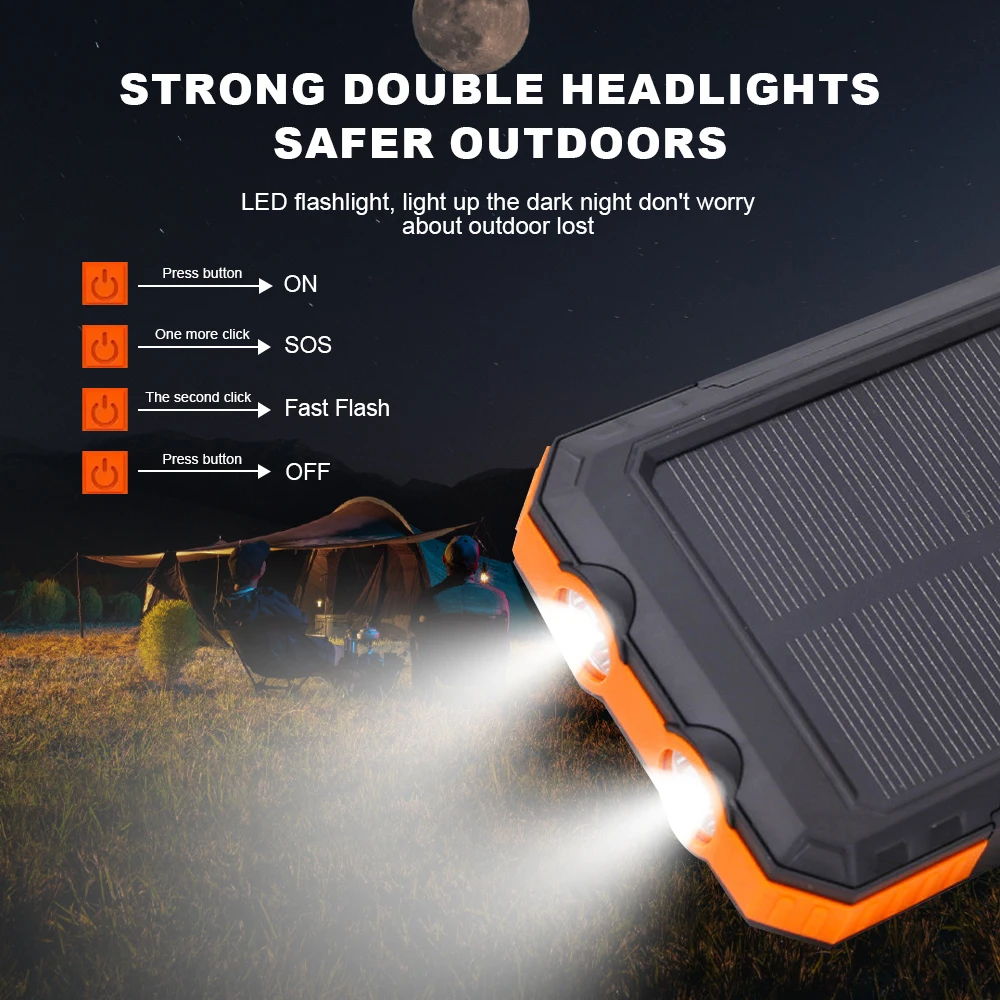 Solar Power Bank 100000mAh Portable Charging Poverbank External Battery Charger Strong Light LDE Light for All Smartphones