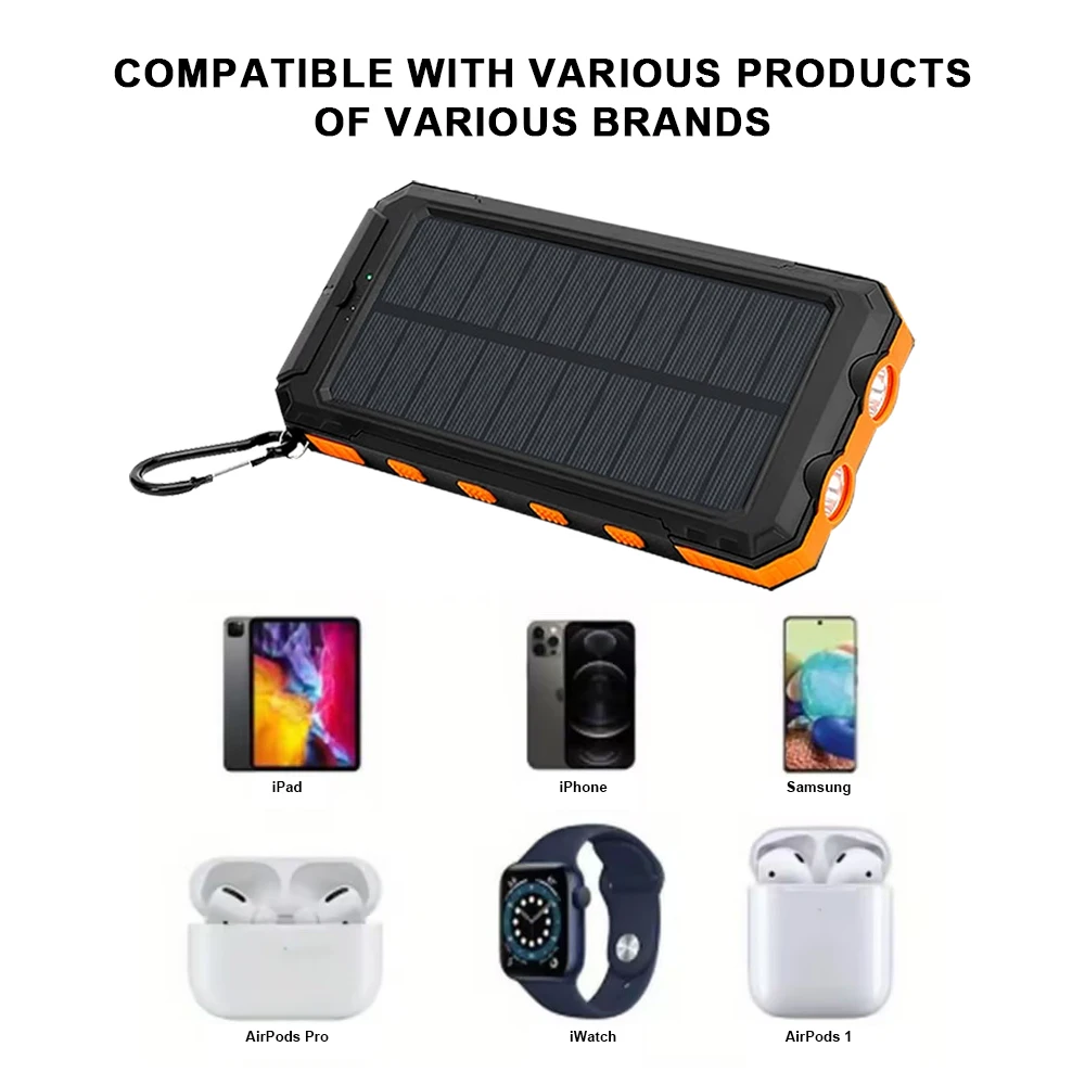 Solar Power Bank 100000mAh Portable Charging Poverbank External Battery Charger Strong Light LDE Light for All Smartphones