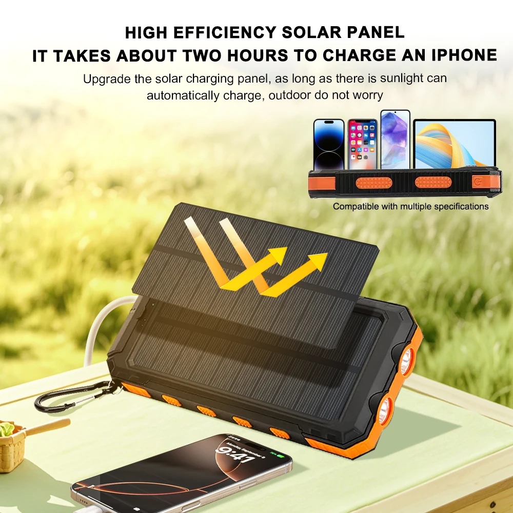 Solar Power Bank 100000mAh Portable Charging Poverbank External Battery Charger Strong Light LDE Light for All Smartphones