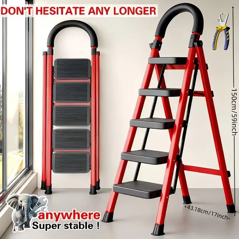 Heavy Duty 500 Lbs Folding Step Ladder – Reinforced Steel Step Stool with Wide Anti-Slip Pedals, Safety Lock & Dual Handrails, Portable Multi-Purpose Ladder for Home, Kitchen, Closet & Indoor Use