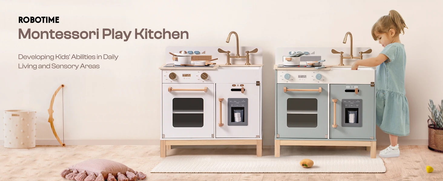 ROBUD Wooden Kids Kitchen Playset with Sound Light Stove Oven Pot Utensils Educational Role Play Toy Gift for 3 6 Years White