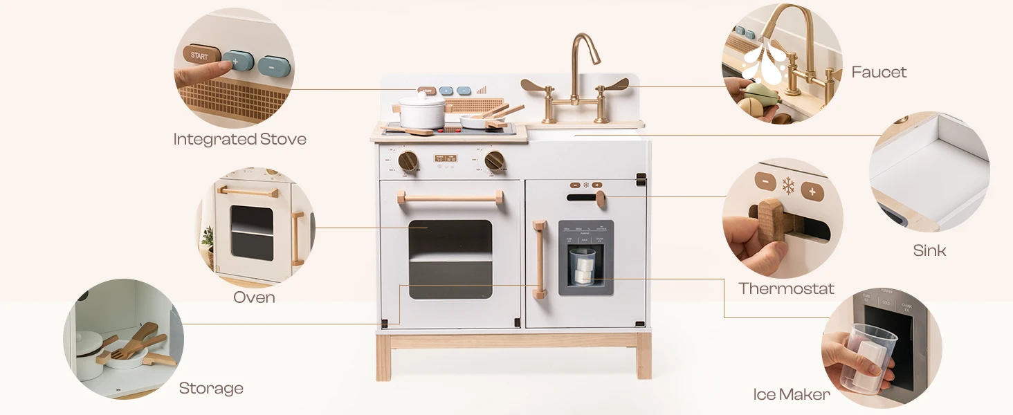 ROBUD Wooden Kids Kitchen Playset with Sound Light Stove Oven Pot Utensils Educational Role Play Toy Gift for 3 6 Years White