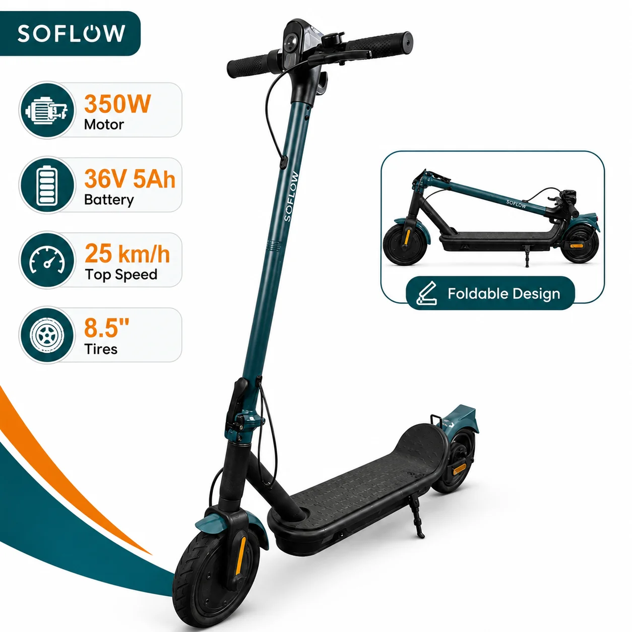 SOFLOW Adult Folding Electric Scooter 350W Motor 25km/h Max Speed 36V 5Ah Battery 8.5 Inch Tire Portable Foldable E‑Scooter for City Commute